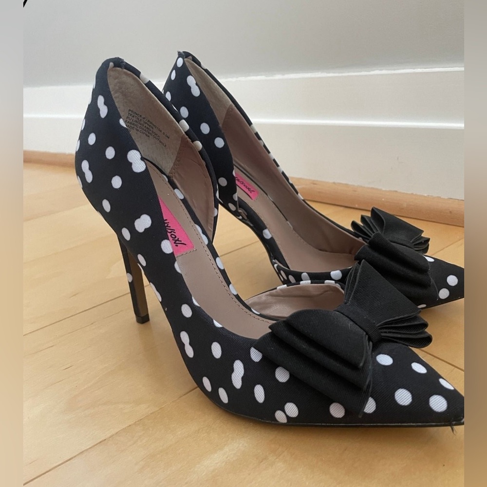 Betsey Johnson Prince D’Orsay Bow Toe Pumps, Black/White Polks Dots